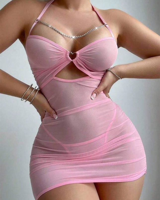 لانجيري شفاف بتصميم ضيق بياقة هالتر وسلسلة عند الصدر