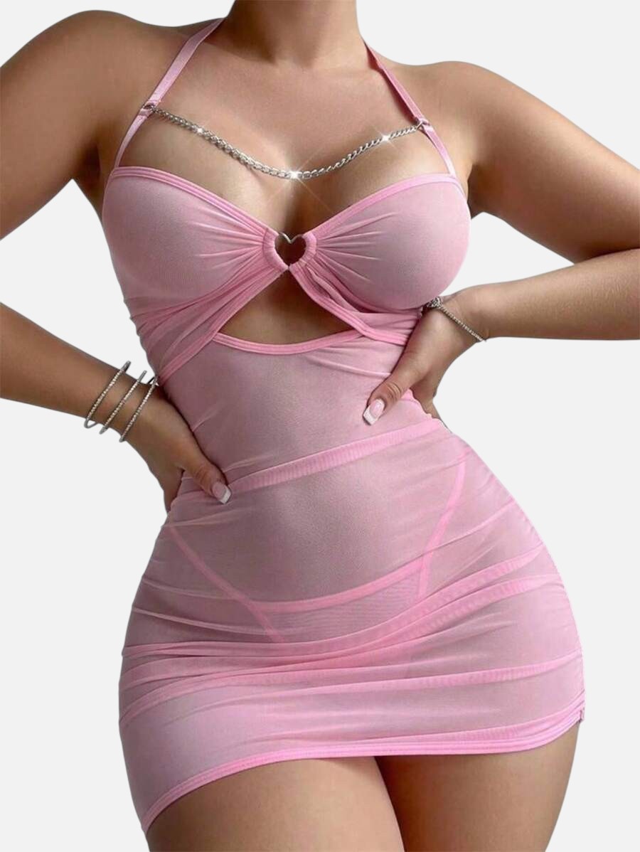 لانجيري شفاف بتصميم ضيق بياقة هالتر وسلسلة عند الصدر