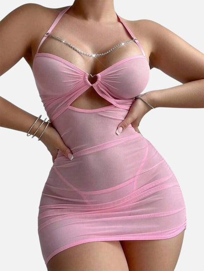 لانجيري شفاف بتصميم ضيق بياقة هالتر وسلسلة عند الصدر