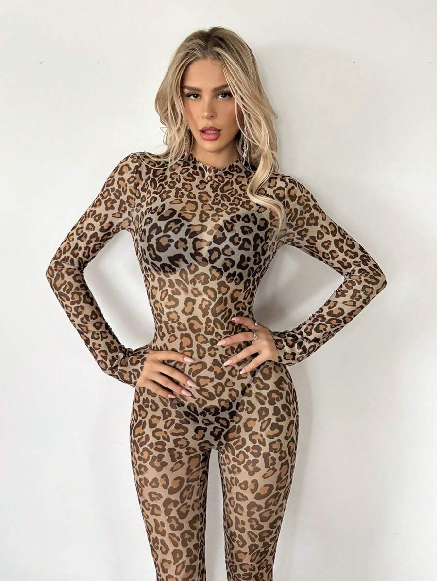 جمبسوت شبكي بطبعة جلد الفهد مثيرة شبه شفافة SHEIN ICON