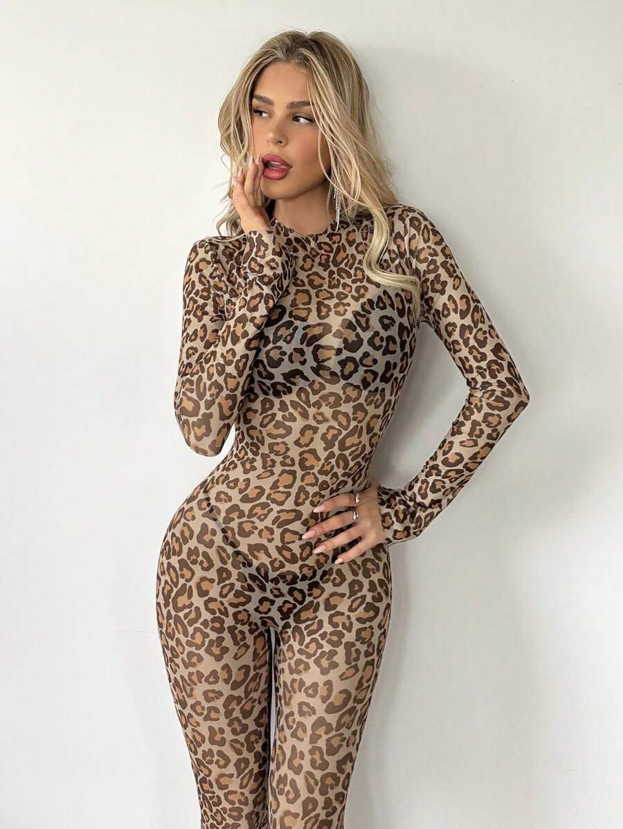 جمبسوت شبكي بطبعة جلد الفهد مثيرة شبه شفافة SHEIN ICON