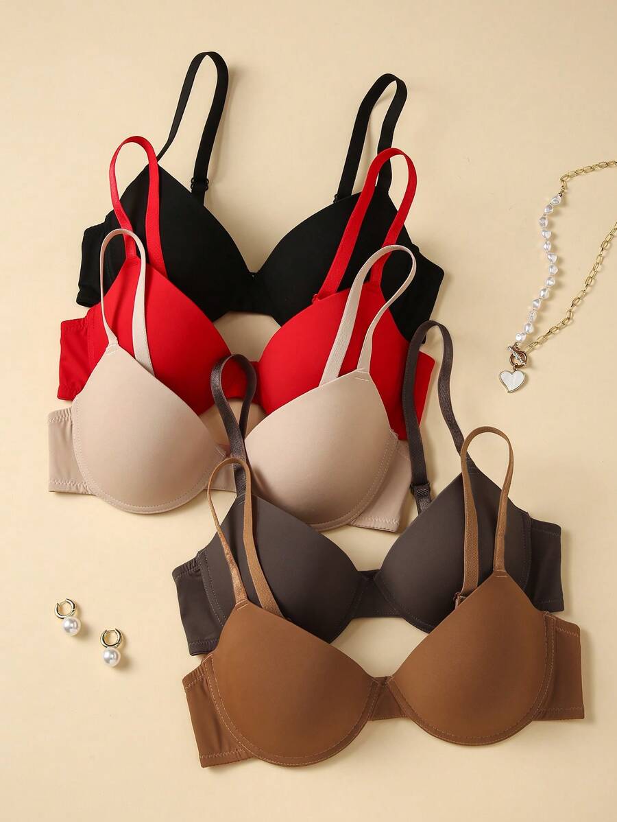 5 قطع حمالات صدر نسائية بسيطة غير رسمية بدون أسلاك بحزام قابل للتعديل بلون سادة