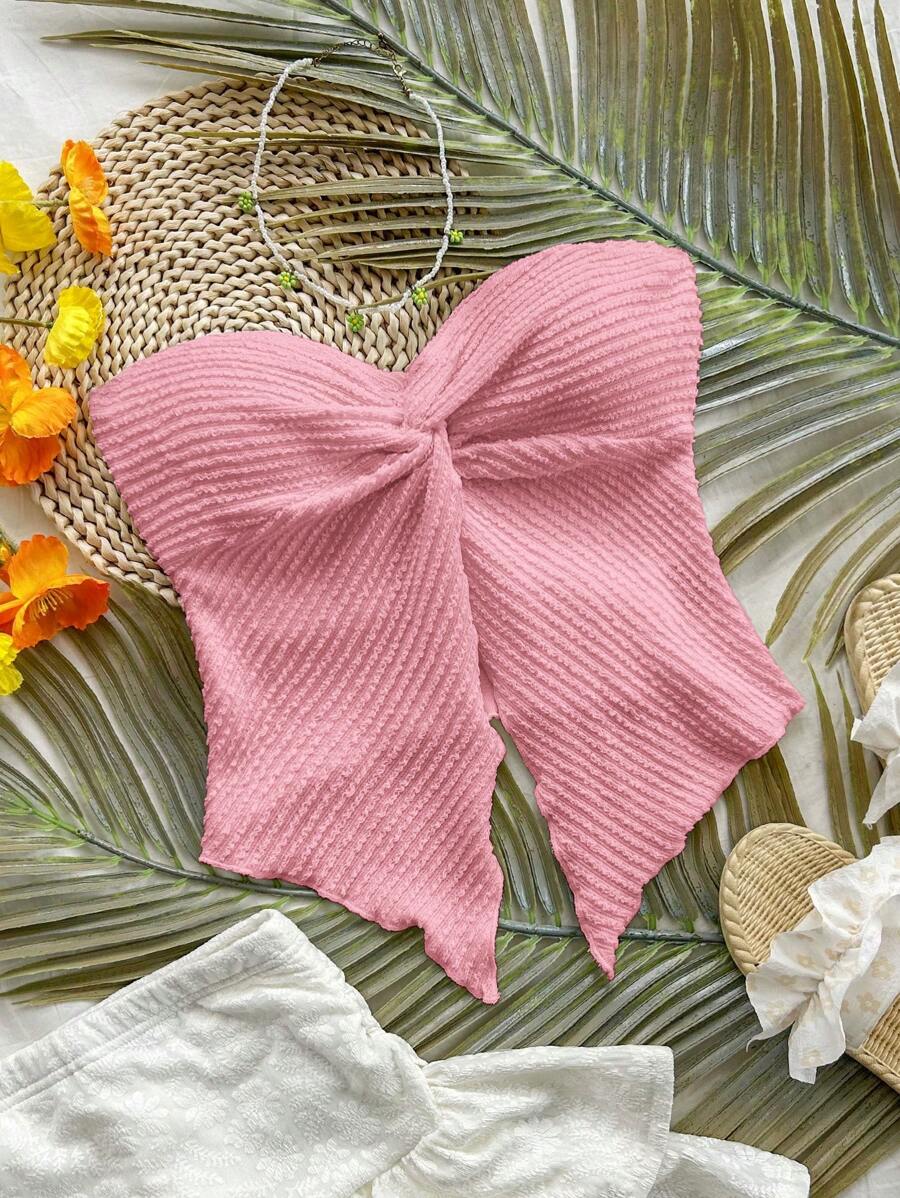 وب نسائي وردي محبوك بدون أكمام بتفصيل ملتف وحافة غير متناظرة