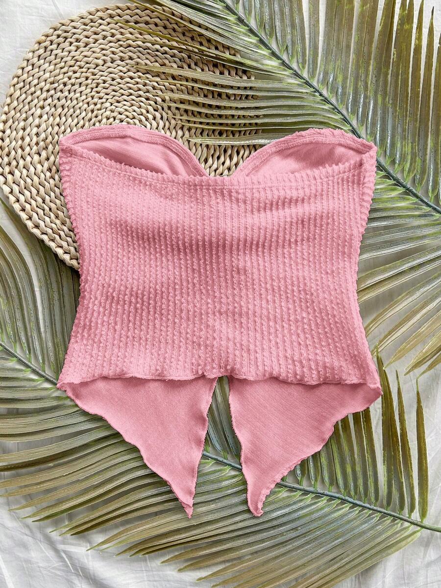 وب نسائي وردي محبوك بدون أكمام بتفصيل ملتف وحافة غير متناظرة