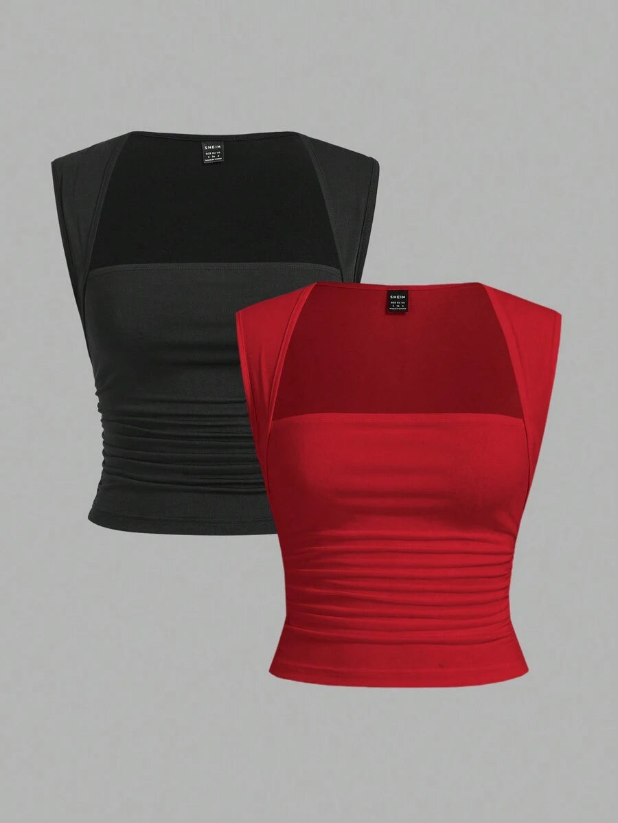 مجموعة SHEIN EZwear المكونة من قطعتين من بلوزة نسائية أساسية ضيقة محبوكة
