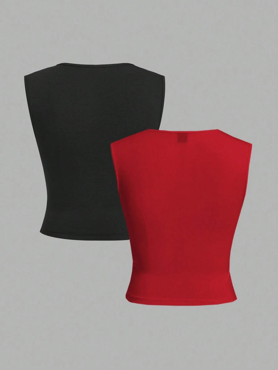 مجموعة SHEIN EZwear المكونة من قطعتين من بلوزة نسائية أساسية ضيقة محبوكة