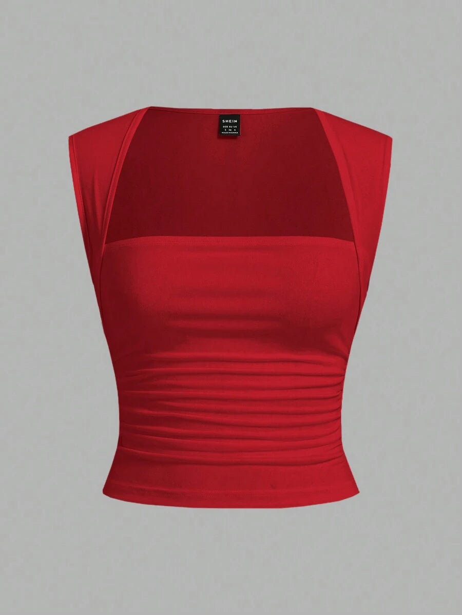 مجموعة SHEIN EZwear المكونة من قطعتين من بلوزة نسائية أساسية ضيقة محبوكة