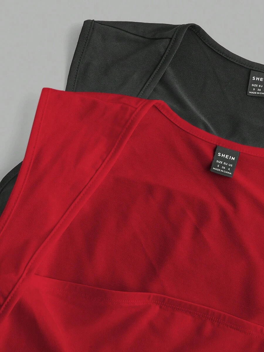 مجموعة SHEIN EZwear المكونة من قطعتين من بلوزة نسائية أساسية ضيقة محبوكة