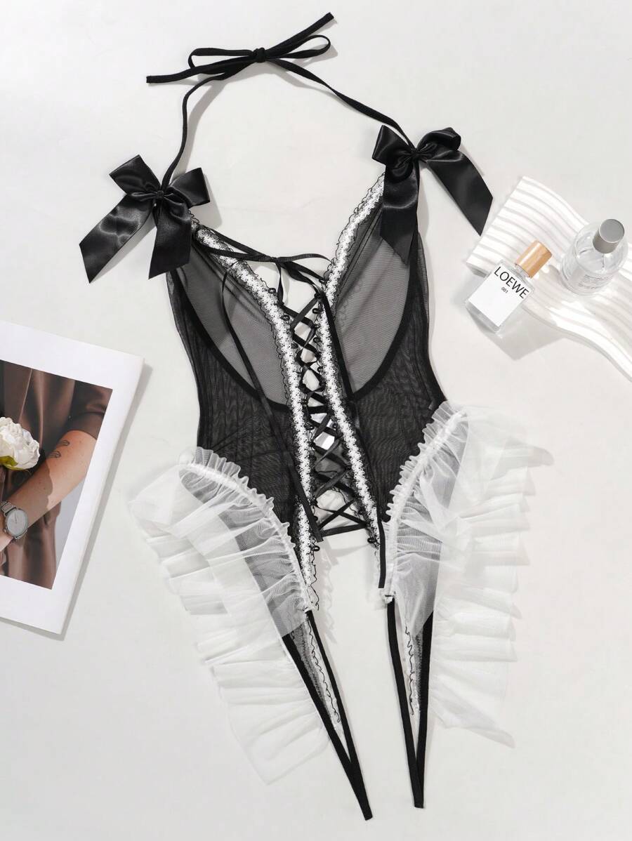 بودي سوت لانجري شفاف من دانتيل متباين الألوان مع عقدة وأربطة