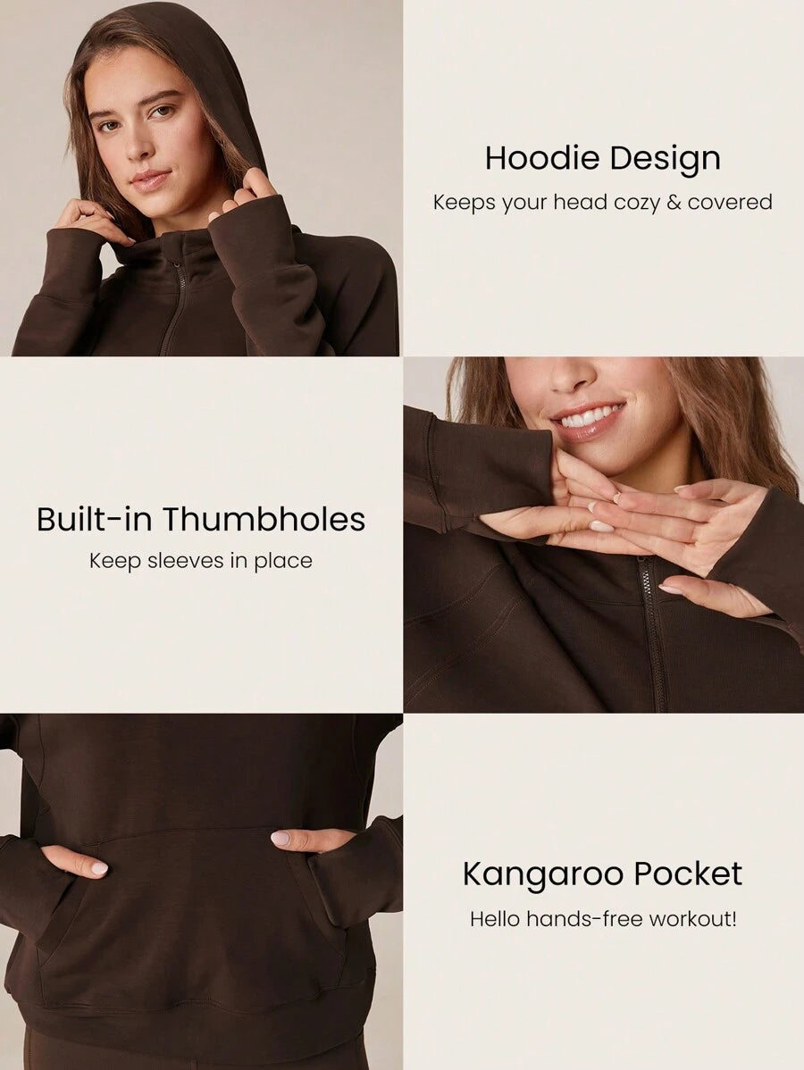 هودي GLOWMODE بملمس حريري – تصميم فضفاض بسحاب نصف أمامي وأكمام طويلة لخريف أنيق