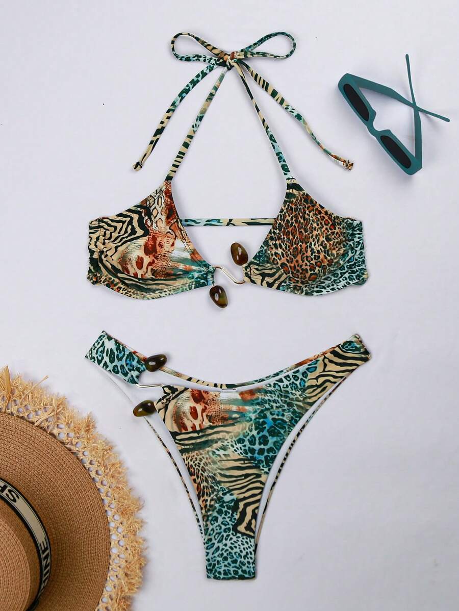 طقم بيكيني نسائي صيفي من Swim Vcay – بطبعة الفهد، توب هالتر قابل للربط وبكيني جذاب
