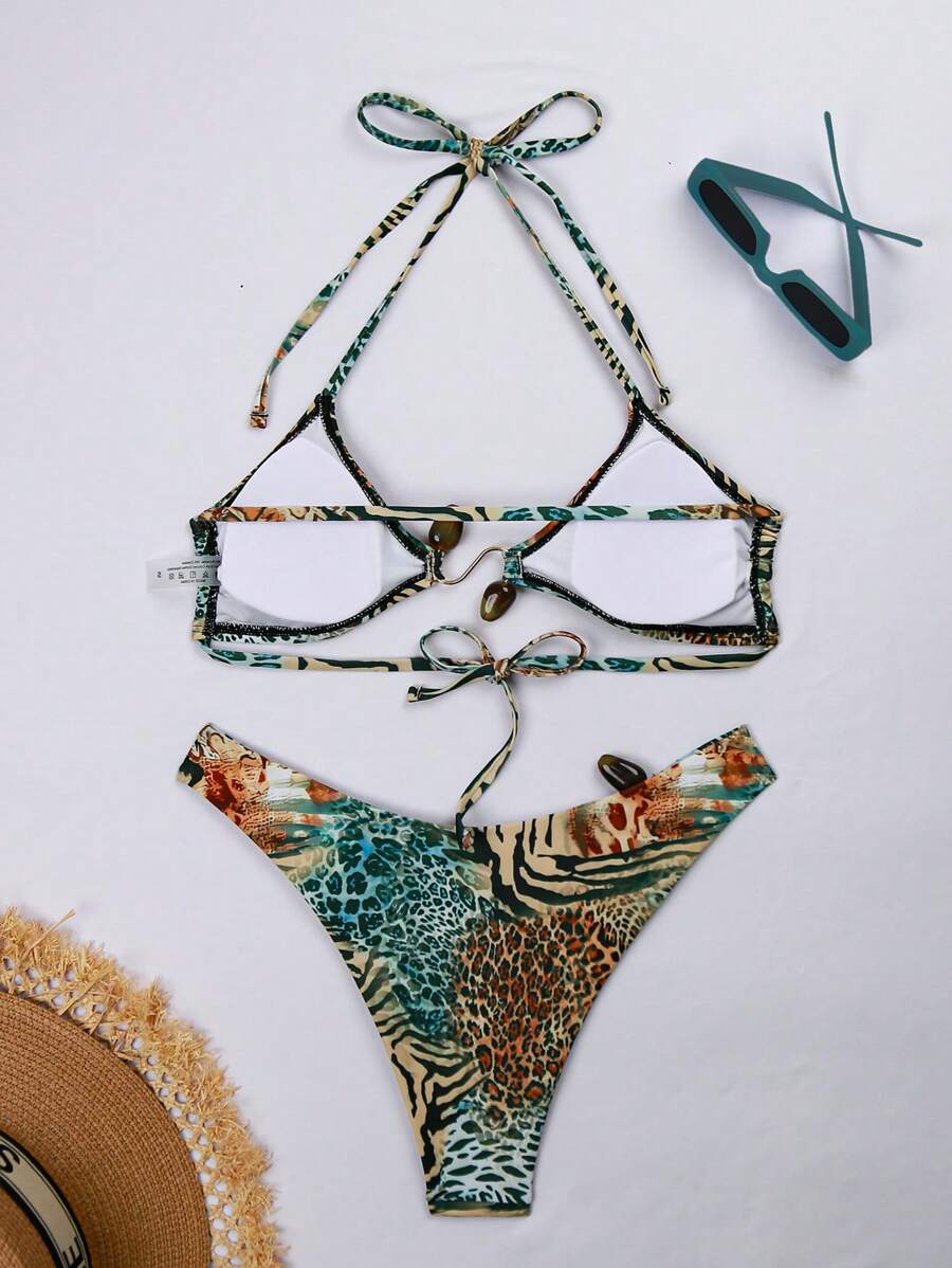 طقم بيكيني نسائي صيفي من Swim Vcay – بطبعة الفهد، توب هالتر قابل للربط وبكيني جذاب