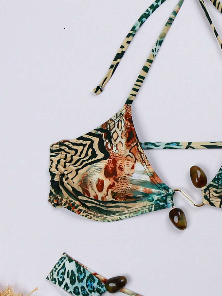 طقم بيكيني نسائي صيفي من Swim Vcay – بطبعة الفهد، توب هالتر قابل للربط وبكيني جذاب