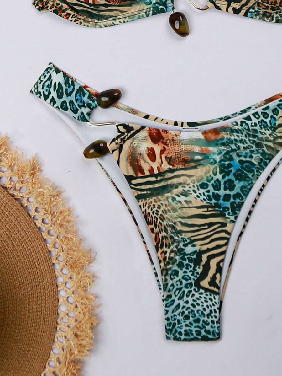 طقم بيكيني نسائي صيفي من Swim Vcay – بطبعة الفهد، توب هالتر قابل للربط وبكيني جذاب