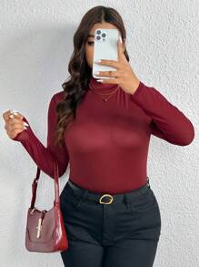 تيشيرت نسائي شبكي بأكمام متباينة بلون برجندي من فرينشي – شي إن