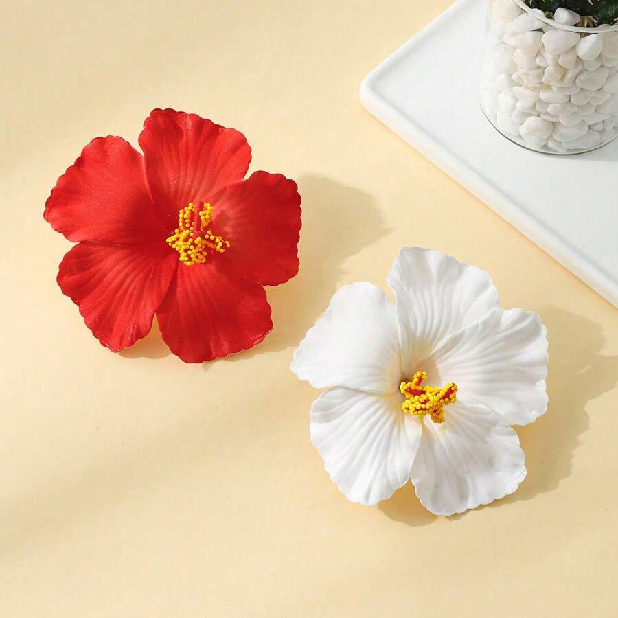 مشابك شعر زهرة الكركديه باللونين الأحمر والأبيض للنساء – طقم مشبكين