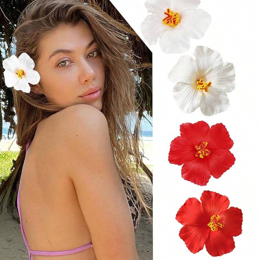 مشابك شعر زهرة الكركديه باللونين الأحمر والأبيض للنساء – طقم مشبكين