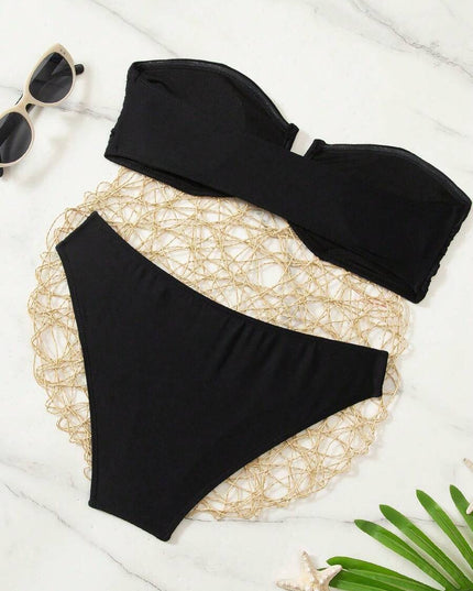 طقم بيكيني نسائي من Swim Basics – لون موحّد، بنمط مزيّن بدون حمالات