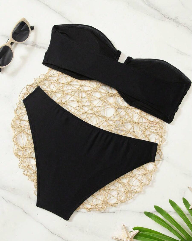 طقم بيكيني نسائي من Swim Basics – لون موحّد، بنمط مزيّن بدون حمالات