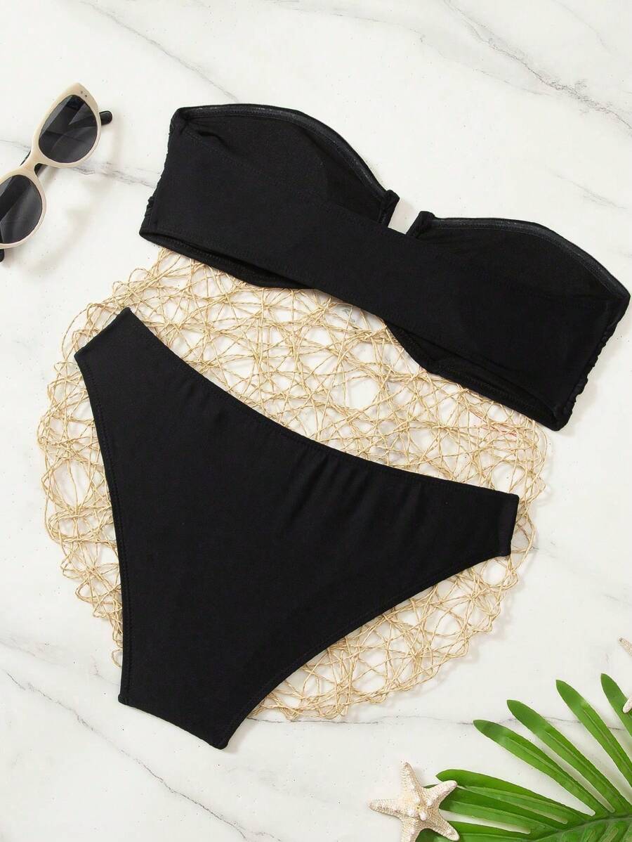 طقم بيكيني نسائي من Swim Basics – لون موحّد، بنمط مزيّن بدون حمالات