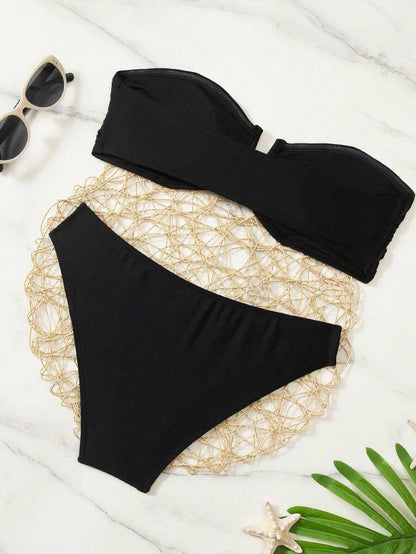 طقم بيكيني نسائي من Swim Basics – لون موحّد، بنمط مزيّن بدون حمالات
