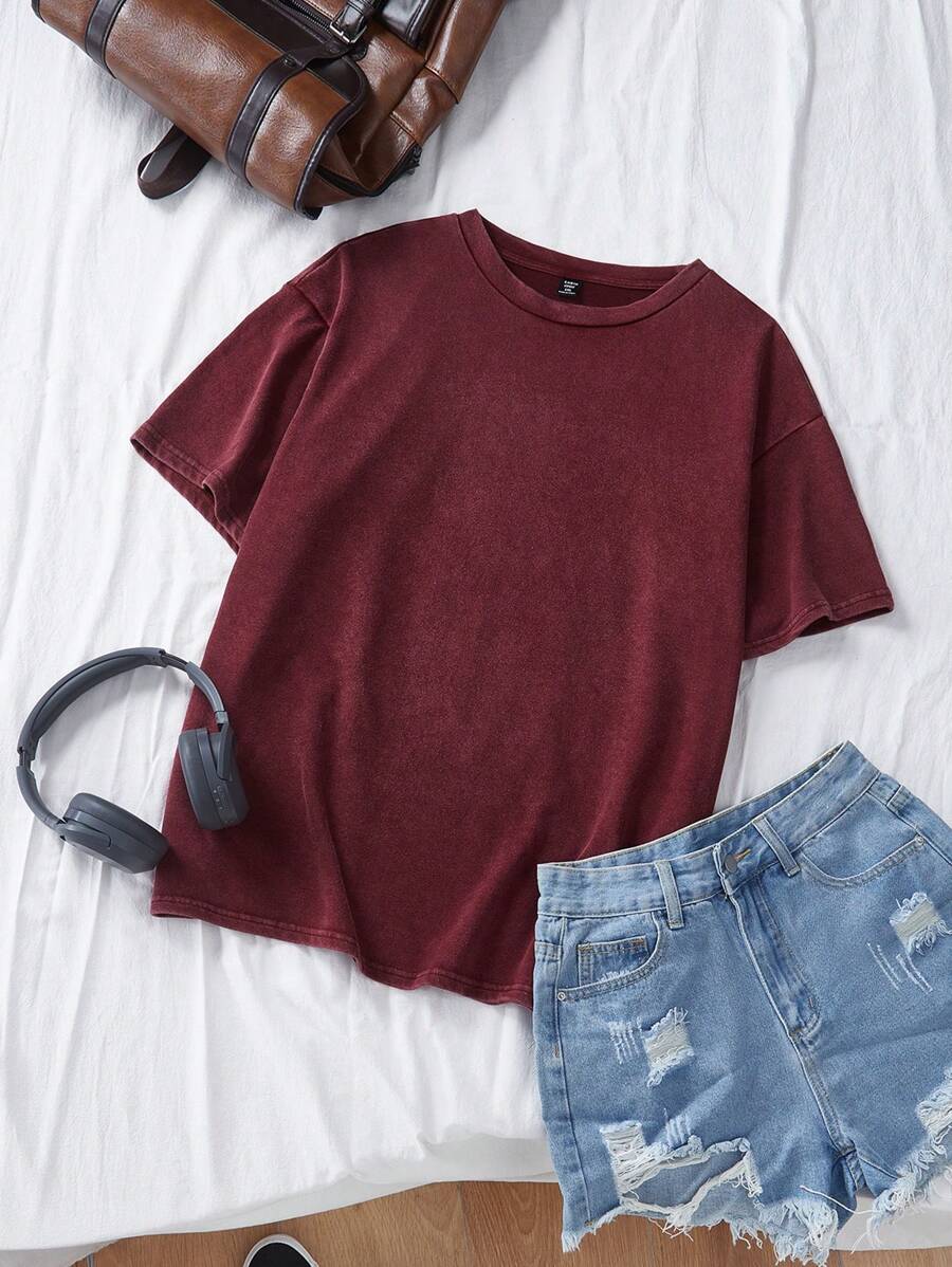 تي شيرت Comfortcana، مقاس كبير، محبوك بتصميم عتيق مغسول بالحامض، بأكمام قصيرة وفضفاضة