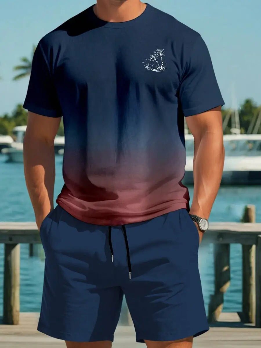 طقم مكوّن من تيشيرت وشورت رجالي من Manfinity RSRT بتصميم شجرة جوز الهند المتدرجة