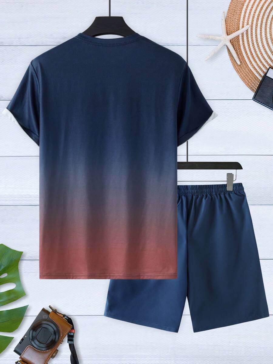 طقم مكوّن من تيشيرت وشورت رجالي من Manfinity RSRT بتصميم شجرة جوز الهند المتدرجة