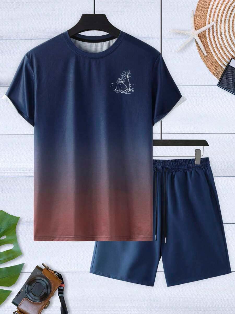 طقم مكوّن من تيشيرت وشورت رجالي من Manfinity RSRT بتصميم شجرة جوز الهند المتدرجة