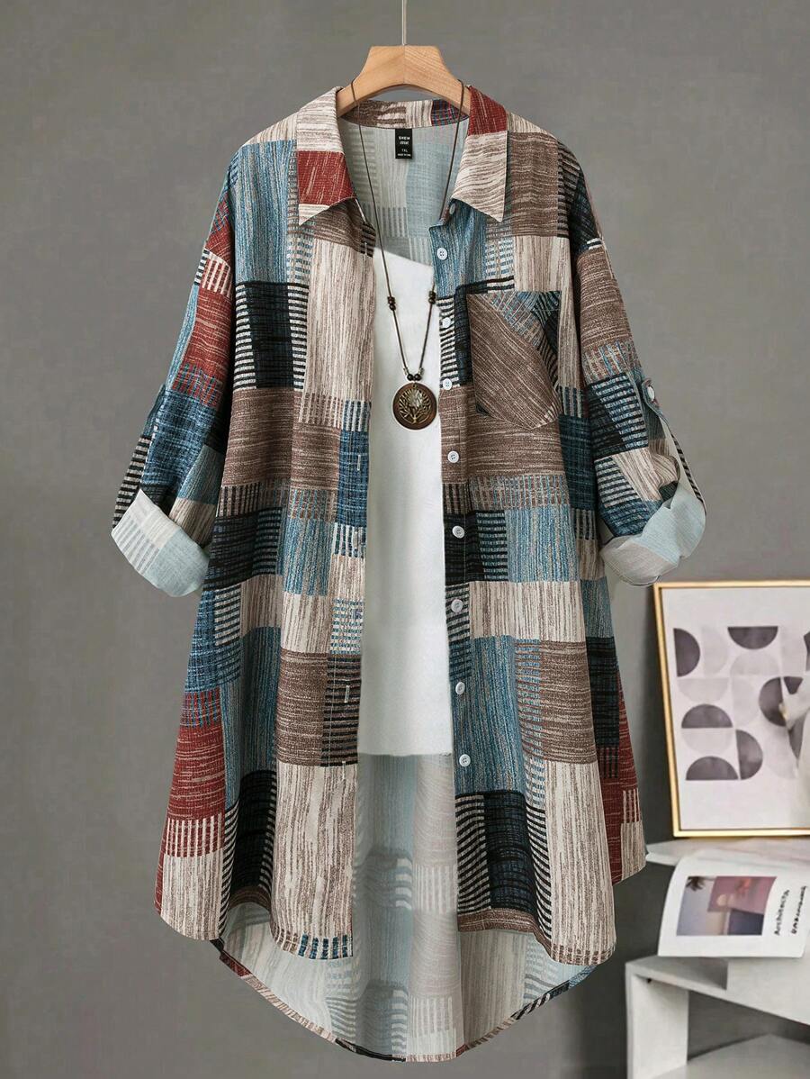 قميص كاجوال بأكمام طويلة وياقة بمقاسات كبيرة للنساء Shein