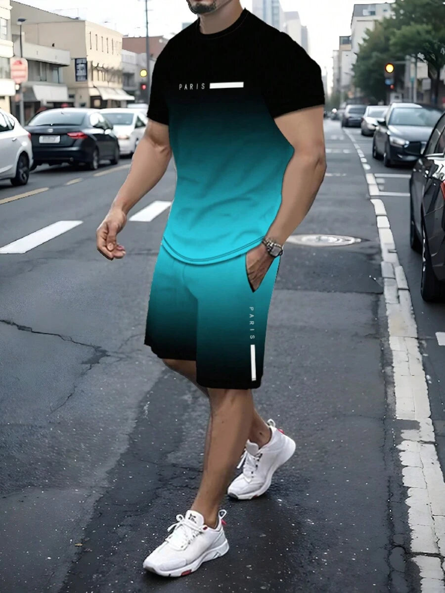 طقم رجالي من قطعتين بتصميم متدرج اللون مع طبعة PARIS – تيشيرت برقبة مستديرة وشورت برباط