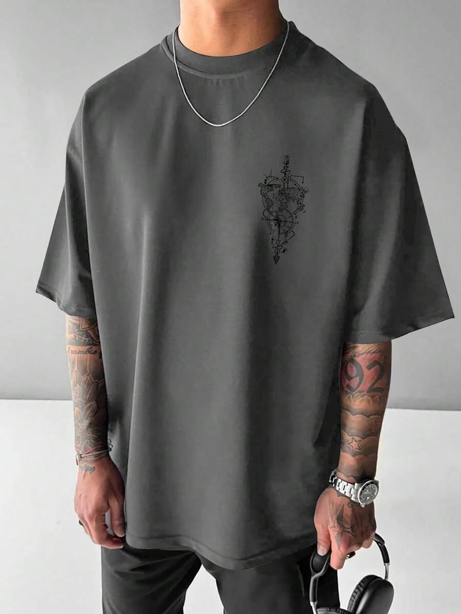 تي شيرت رجالي مطبوع عليه خريطة بحرية بأكمام قصيرة ورقبة دائرية