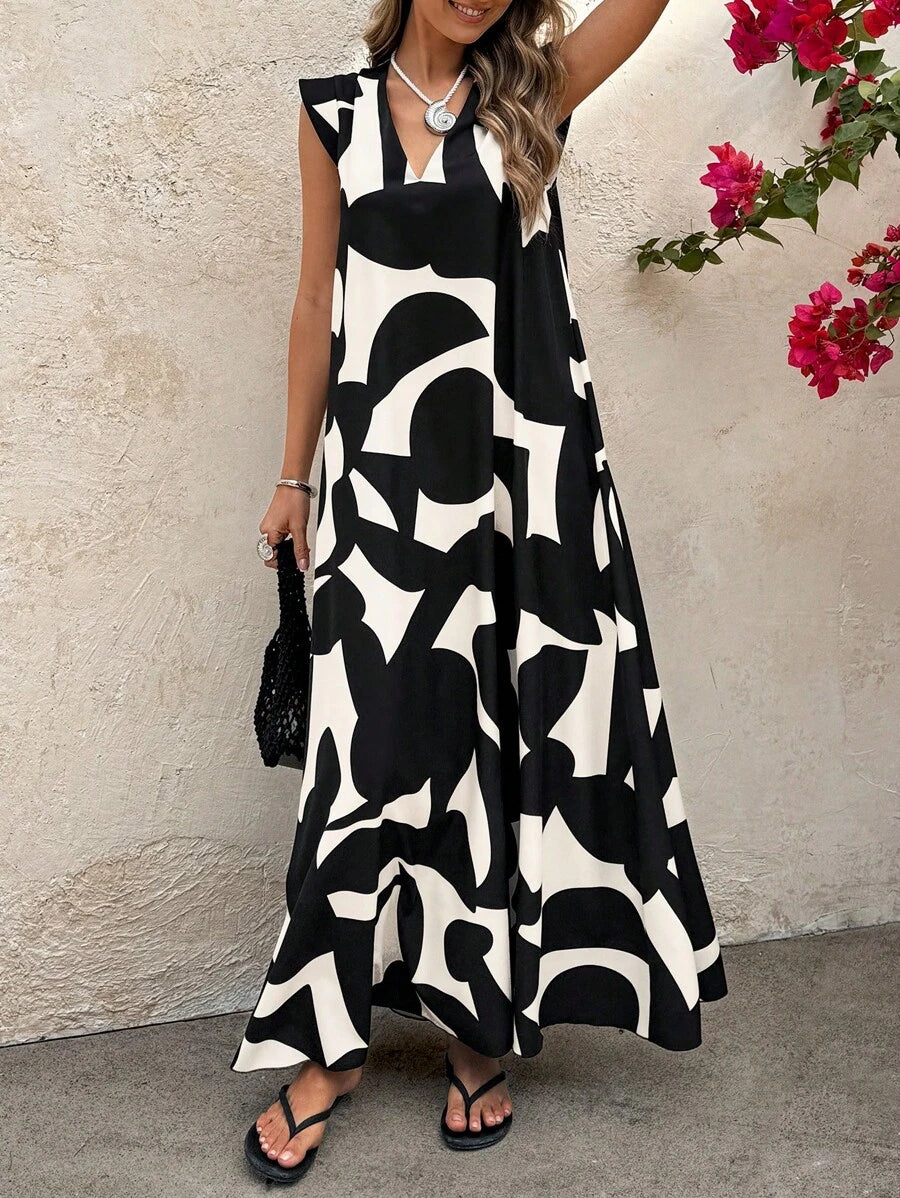 فستان ماكسي واسع بنقشة هندسية بالأبيض والأسودShein