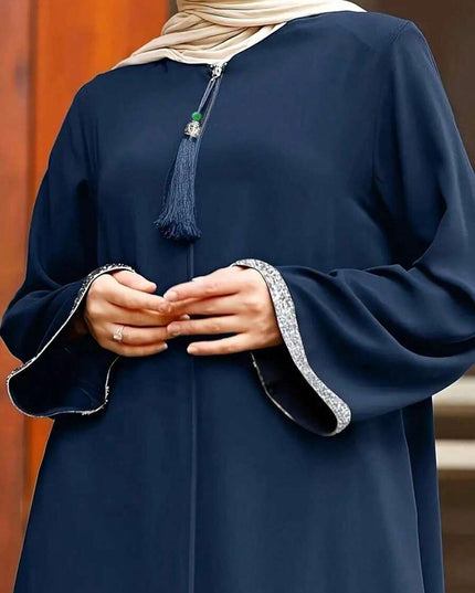 فستان نسائي كاجوال أنيق بلون سادة فضفاض برقبة مستديرة وسحاب طويل، عباية محتشمة Shein