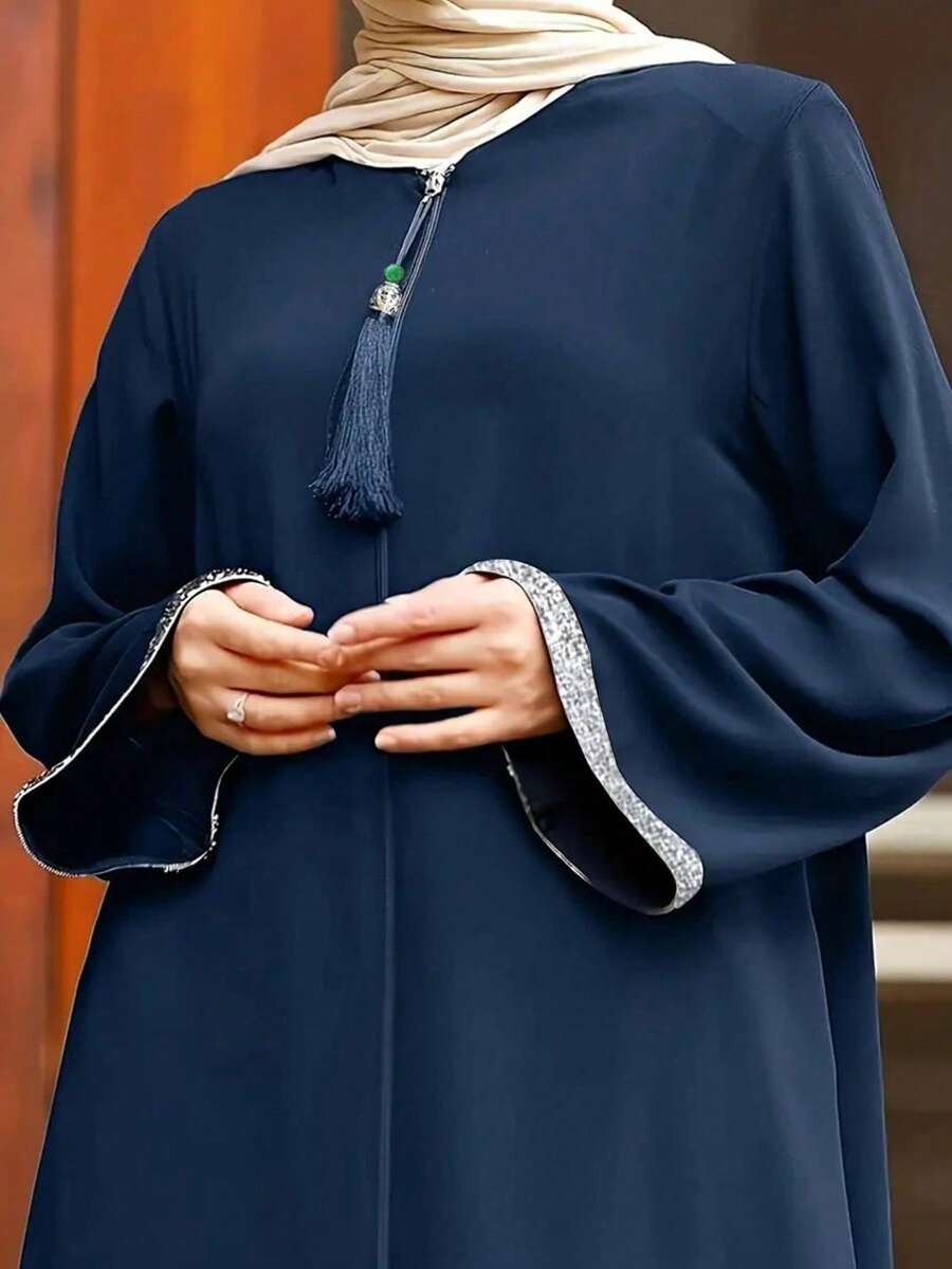 فستان نسائي كاجوال أنيق بلون سادة فضفاض برقبة مستديرة وسحاب طويل، عباية محتشمة Shein