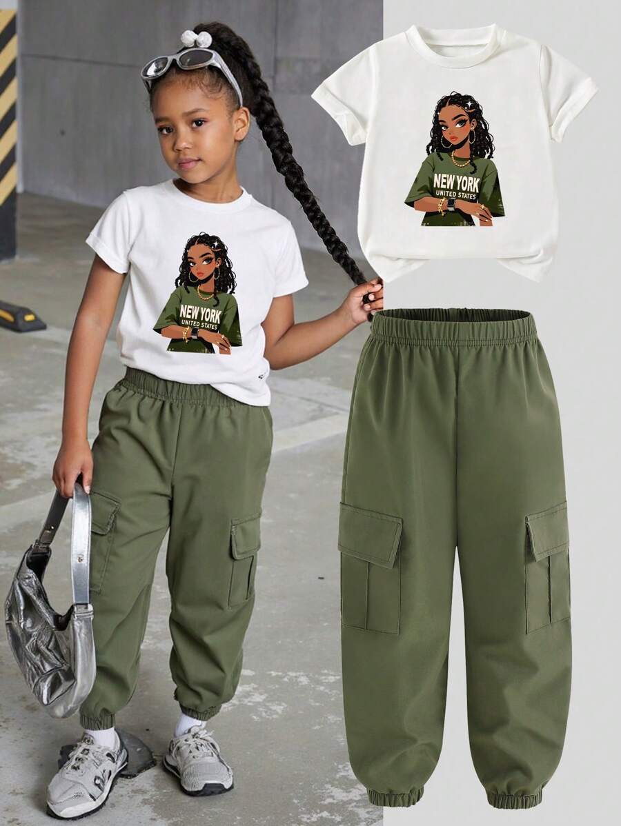 طقم بناتي 2 قطعة من شي إن – تيشيرت كاجوال بطبعة جرافيك مع بنطال