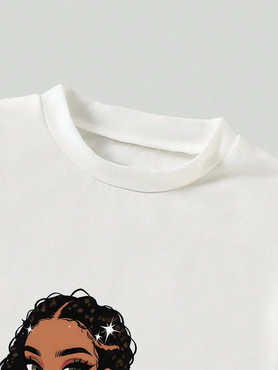 طقم بناتي 2 قطعة من شي إن – تيشيرت كاجوال بطبعة جرافيك مع بنطال