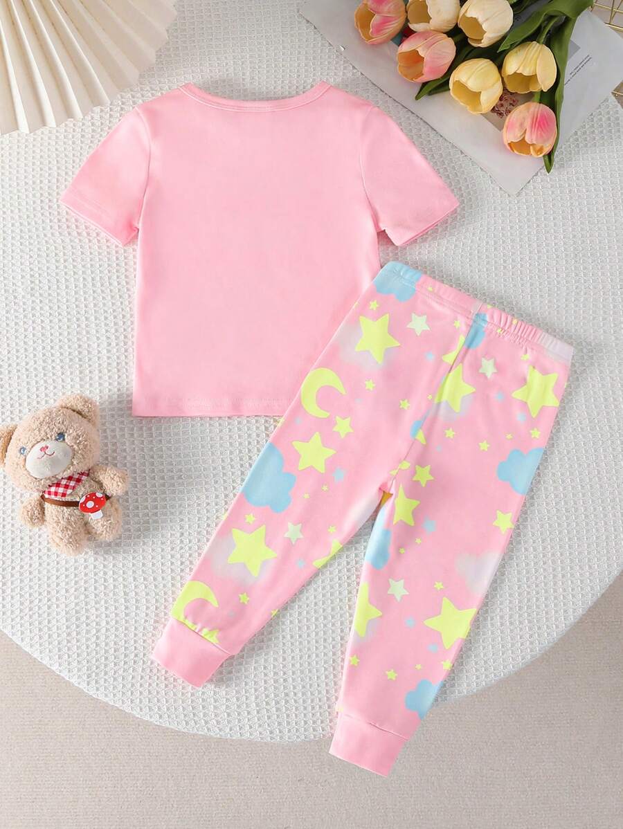 طقم بيجامة مكون من قطعتين، رومبر بأكمام قصيرة وبنطلون، مطبوع عليه حيوان لطيف للأطفال/البنات