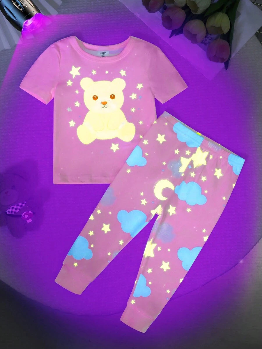 طقم بيجامة مكون من قطعتين، رومبر بأكمام قصيرة وبنطلون، مطبوع عليه حيوان لطيف للأطفال/البنات