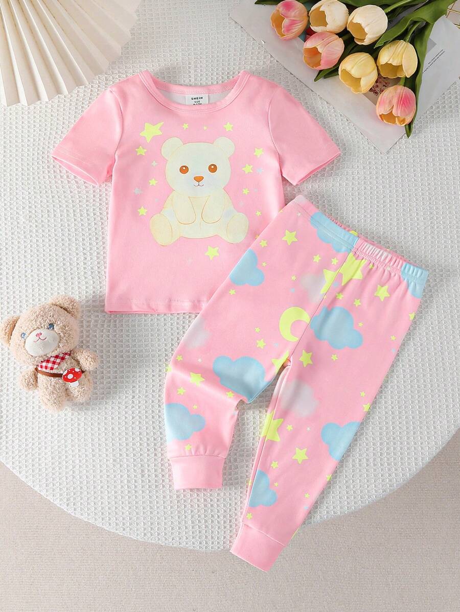 طقم بيجامة مكون من قطعتين، رومبر بأكمام قصيرة وبنطلون، مطبوع عليه حيوان لطيف للأطفال/البنات