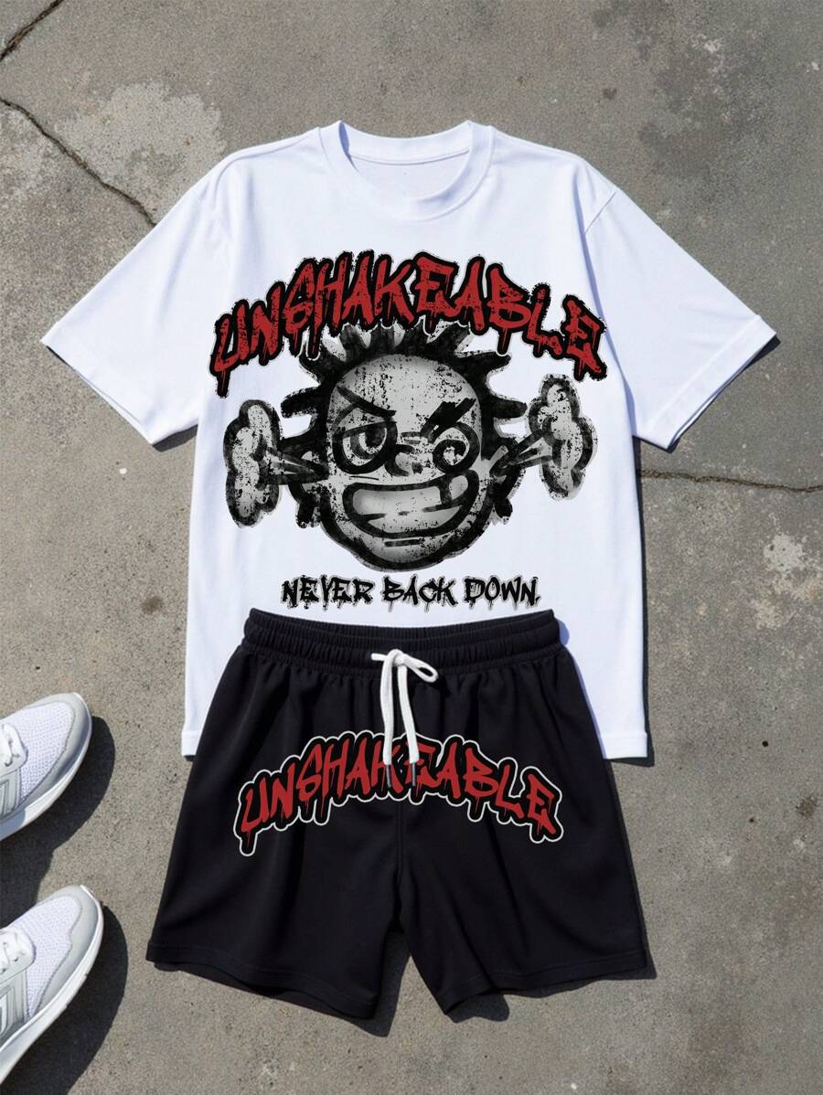 طقم تي شيرت رجالي وشورت بطبعة صورة دخان عتيقة باللونين الأبيض والأسودManfinity ZONE917