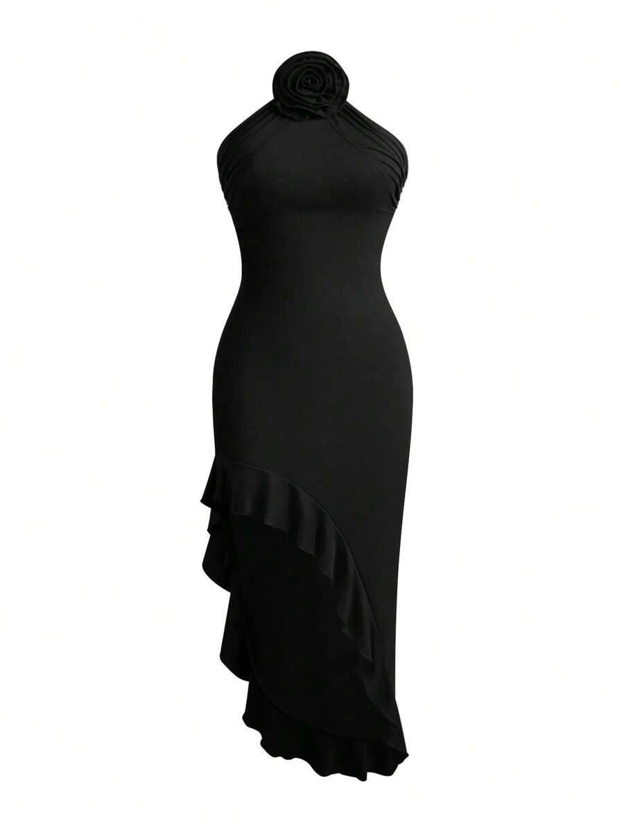 فستان نسائي مثير وعصري بدون ظهر وحاشية مكشكشة ومفتوحة