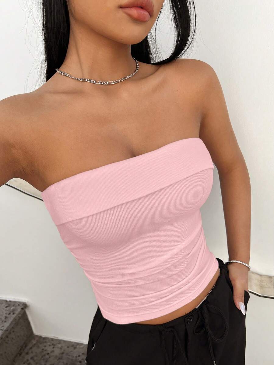 بلوزة نسائية من SHEIN EZwear محبوكة بدون درزات باللون الوردي الفاتح