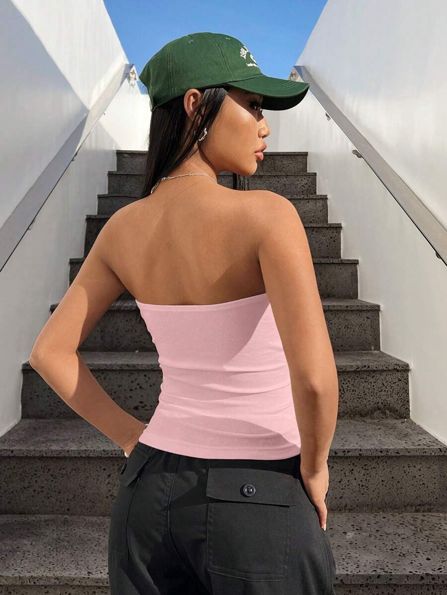 بلوزة نسائية من SHEIN EZwear محبوكة بدون درزات باللون الوردي الفاتح