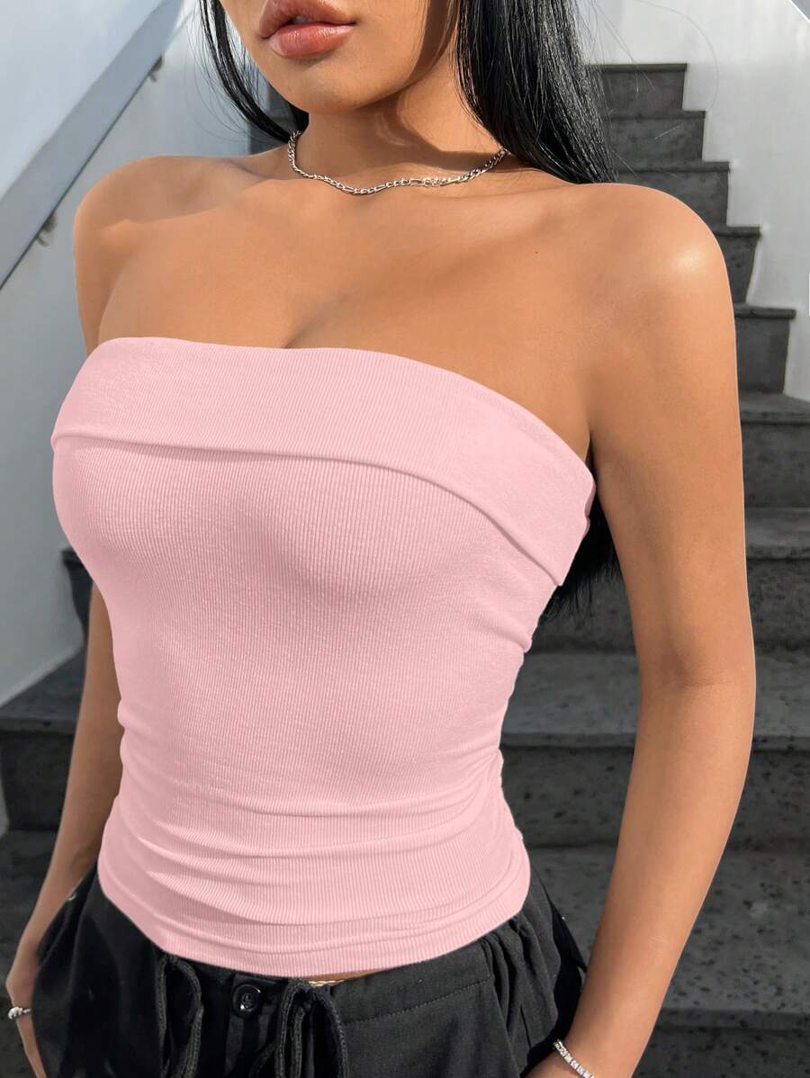 بلوزة نسائية من SHEIN EZwear محبوكة بدون درزات باللون الوردي الفاتح