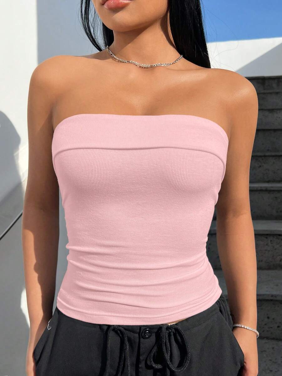 بلوزة نسائية من SHEIN EZwear محبوكة بدون درزات باللون الوردي الفاتح