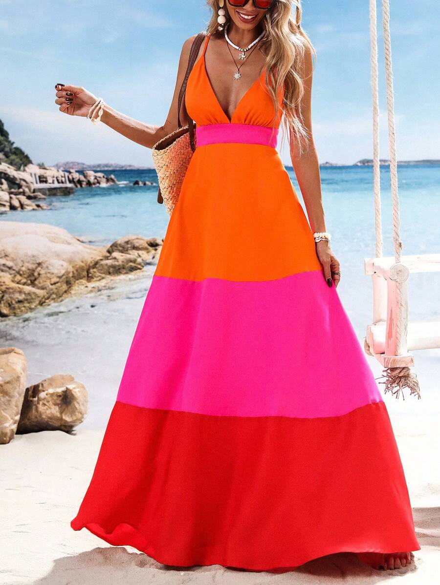 فستان نسائي طويل بتصميم V-Neck وألوان متدرجة من Vivid Eden