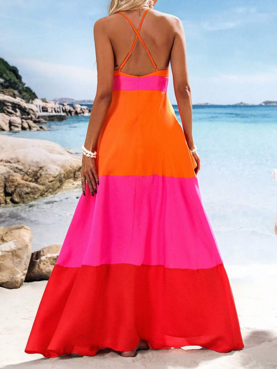 فستان نسائي طويل بتصميم V-Neck وألوان متدرجة من Vivid Eden