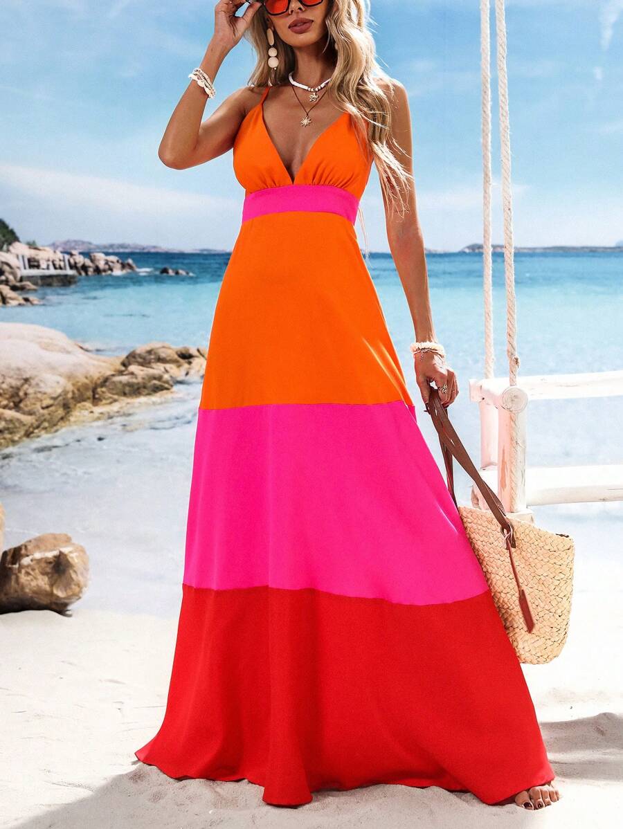 فستان نسائي طويل بتصميم V-Neck وألوان متدرجة من Vivid Eden