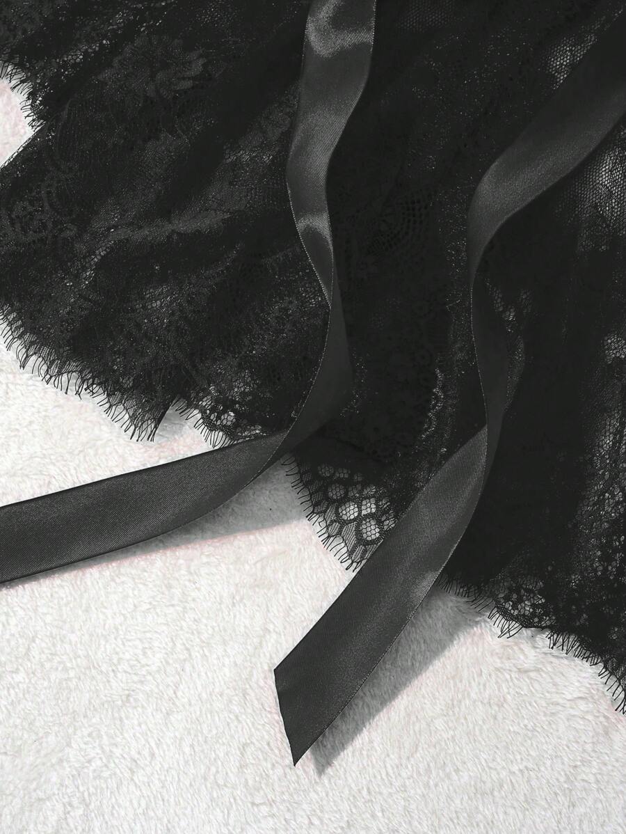 روب نسائي دانتيل  – شفاف جزئياً بأكمام طويلة ورباط _ shein